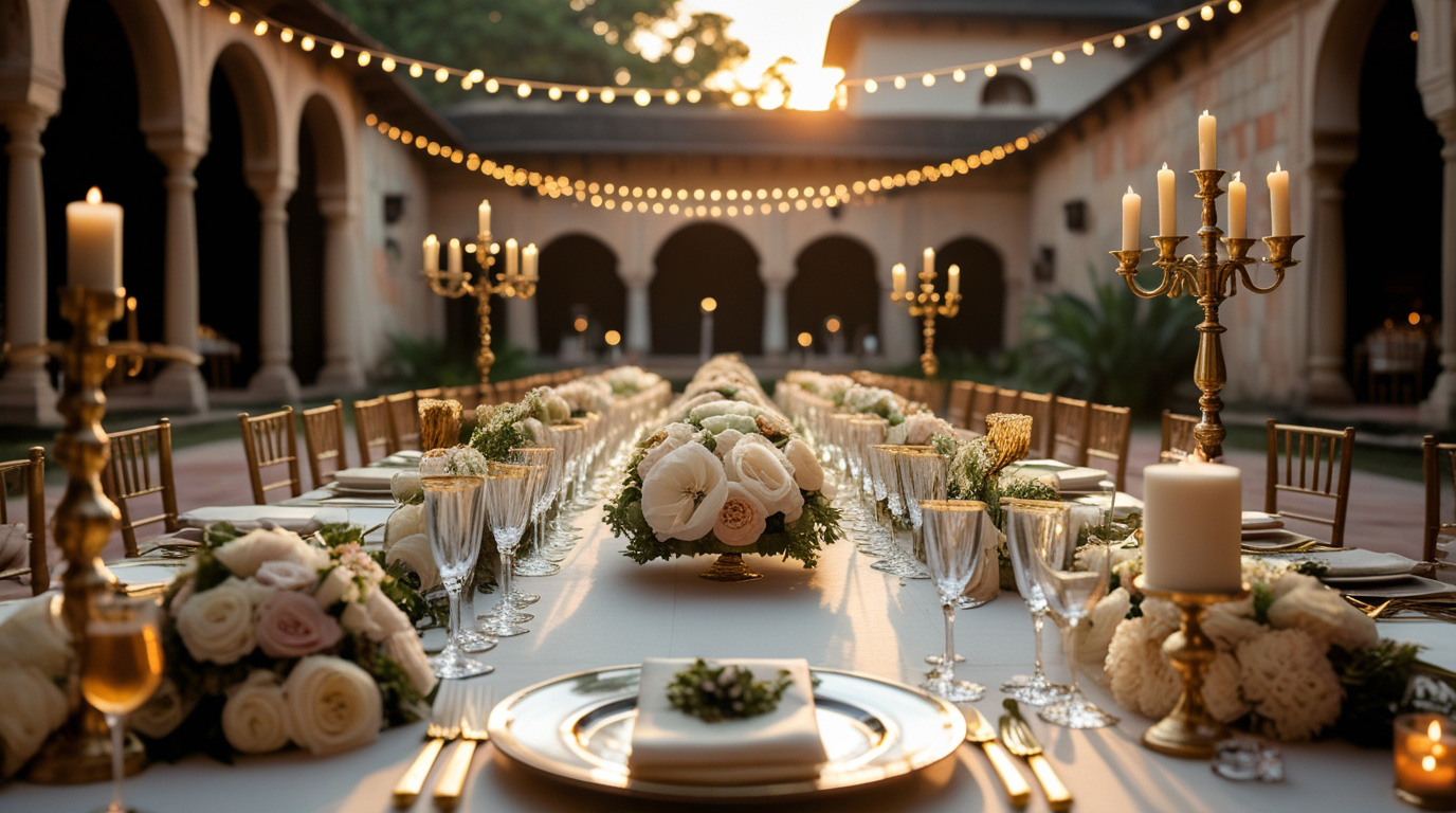 Event planner's hands arranging white calla lilies in a black ceramic vase with gold cutlery